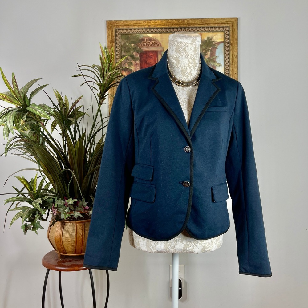 Gap Academy Blazer Women 6 Navy Blue Poly Contrast Trim Two Button Professional